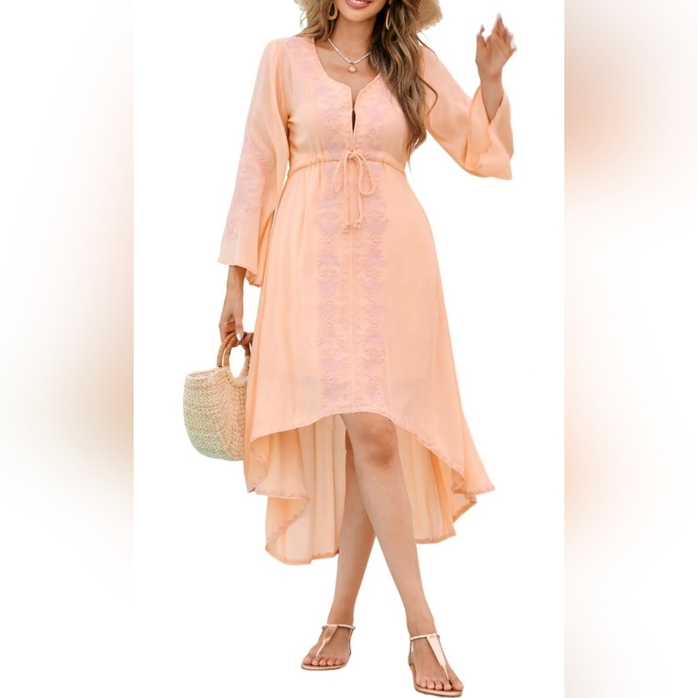 R. Vivimos Cotton Embroidered High Low Long Dress - Coral - Size M (8/10)
